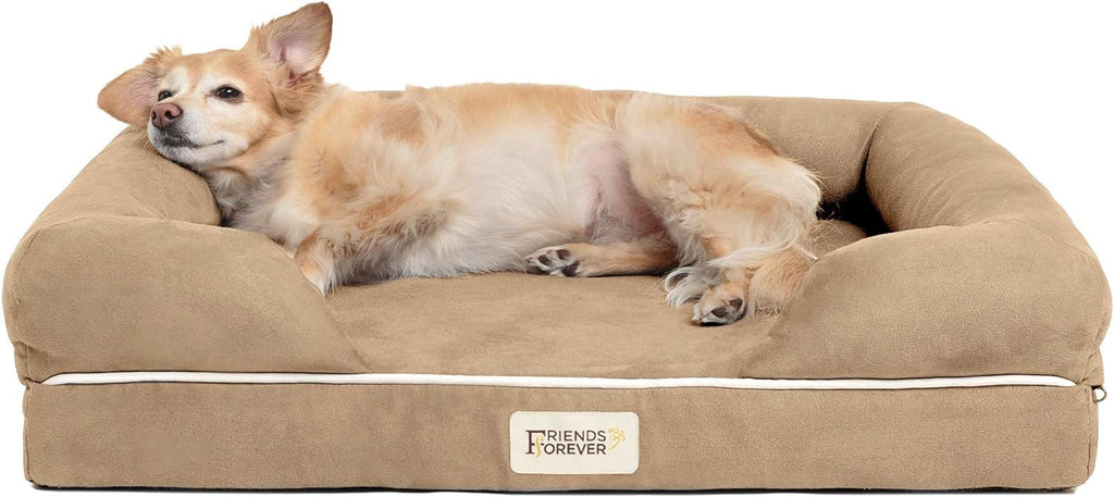Orthopedic Memory Foam Small Dog Bed with Calming Couch Design, Wall Rim Pillow, Water-Resistant Liner, Washable Cover, and Non-Slip Bottom in Khaki Beige