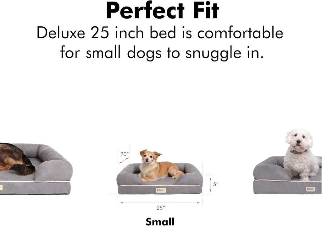 Orthopedic Memory Foam Small Dog Bed with Calming Couch Design, Wall Rim Pillow, Water-Resistant Liner, Washable Cover, and Non-Slip Bottom in Khaki Beige